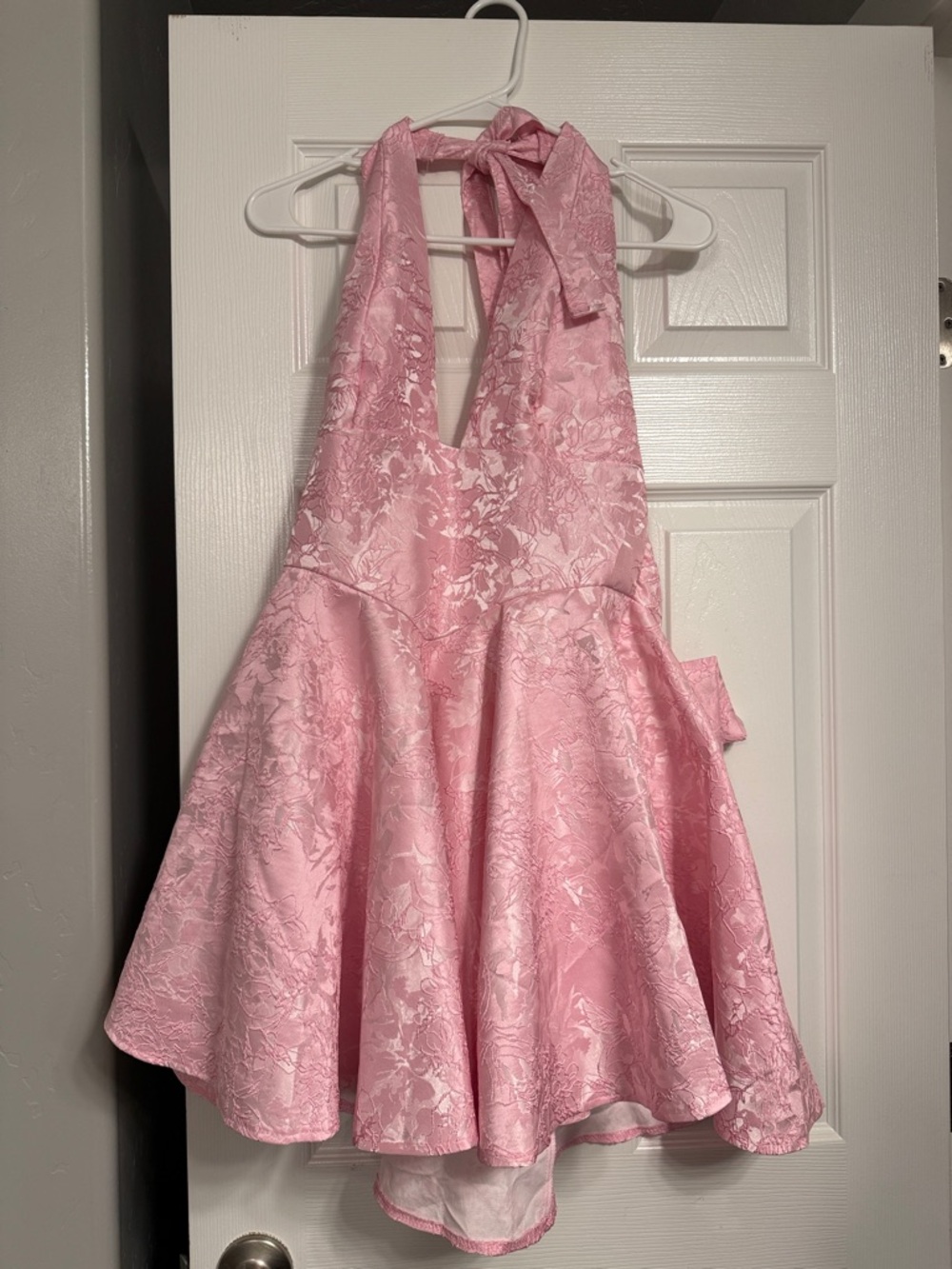 Pink Halter Floral Jacquard Party Dress